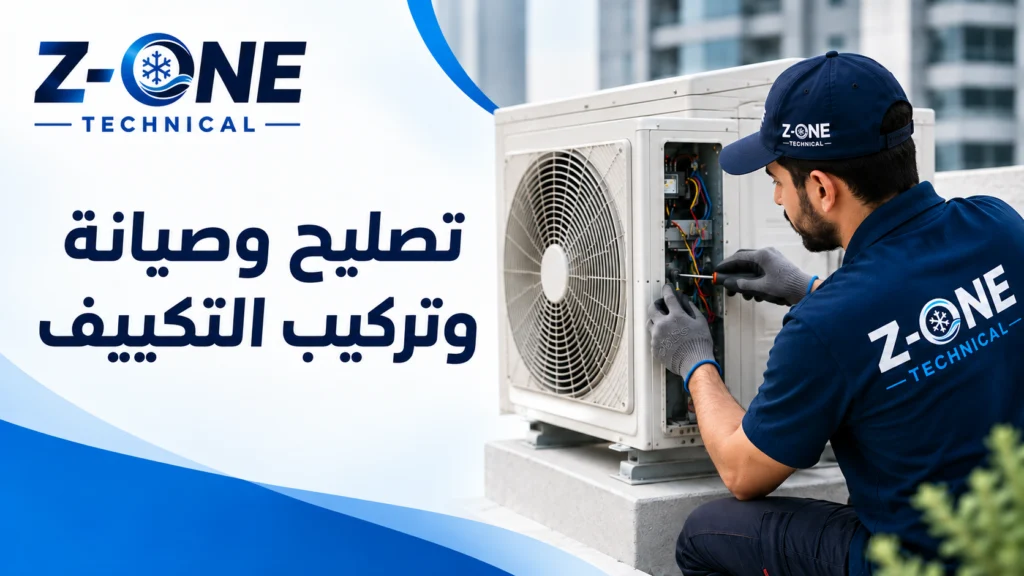 AC repair in Kuwait — illustration of a technician servicing an outdoor unit